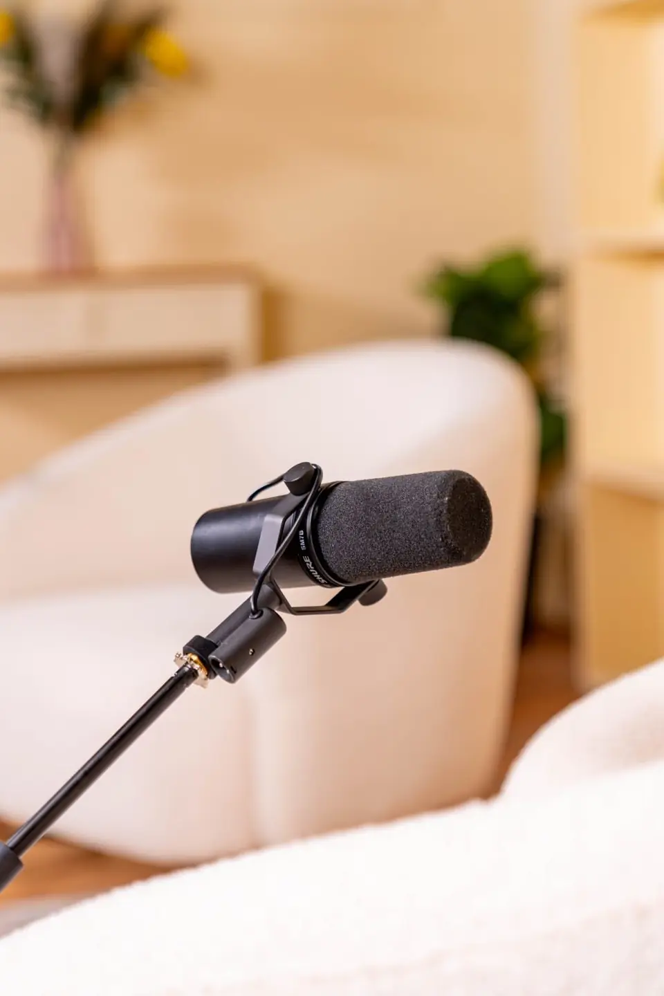 Micro Shure SM7B devant les fauteuils blancs du Cocon
